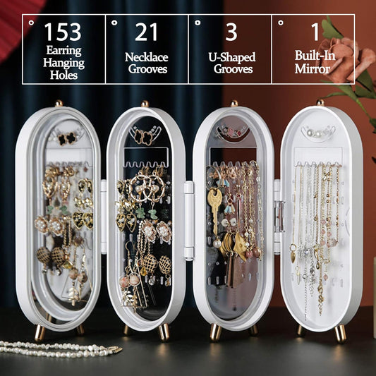 Foldable Jewellry Organizer Box with Mirror | Ear Rings & Necklace Hanging Holder | Jewelry Box Vanity Hanger Stand
