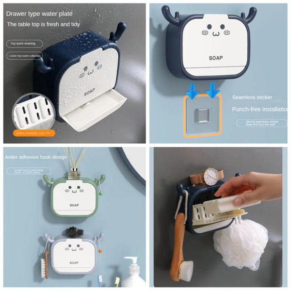 Wall-Mounted Deer-Shaped Soap Box with Flip Drain and Tray